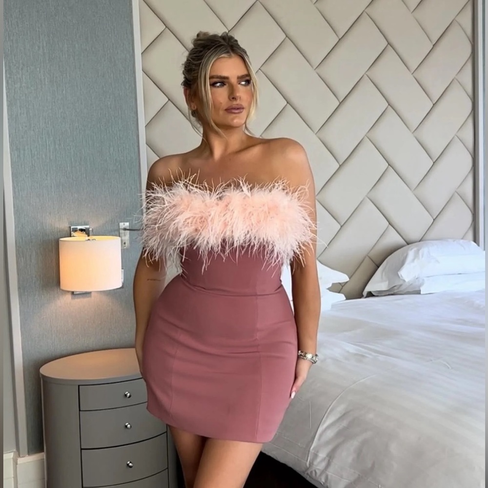 House of CB Pink Feather Trim Mini Dress